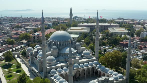 Suleymaniye Mosque with Clear Sky and Impressive Architecture in Istanbul, Turkey, Aerial Wide View