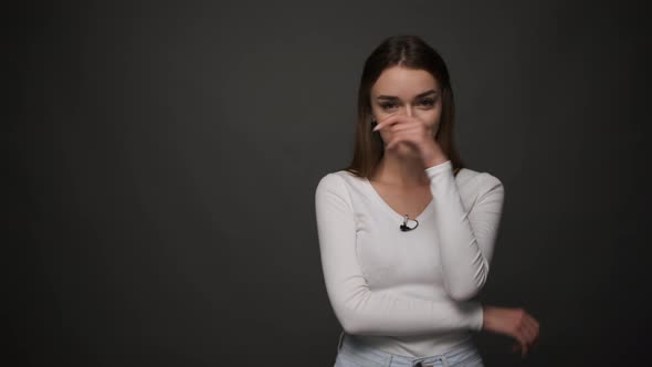 Beautiful Woman in White Tshirt and Brunette Hair Show Different Emotions