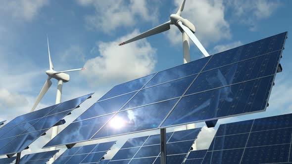 Types of Ecological Clean Power with Solar Panels Cells and Wind Turbines Loop