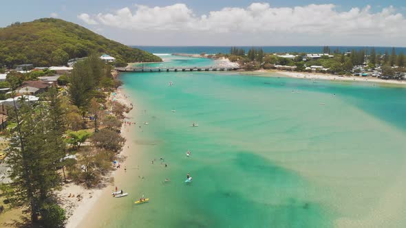 Aerial drone view of Tallebudgera Creek and beach on the Gold Coast, Queensland, Australia