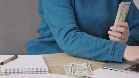 Caucasian Female Woman Hands Counting Paper American Dollar Money Calculator