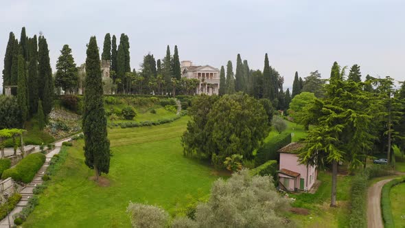 Aerial View Beautiful Natural Green Landscapes Luxury Villa on Shores Lake Garda Luxurious Island in