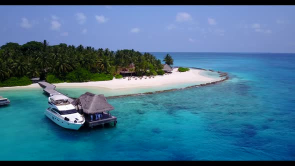 Aerial drone sky of marine coast beach holiday by turquoise lagoon with white sandy background of jo