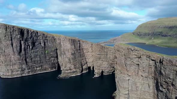 Sorvagsvatn Lake Cliffs of Vagar Island Aerial View, Faroe Islands