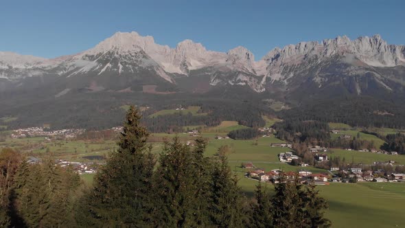 AERIAL:Drone shot of the Alps on sunny day and mountain panorama,Tyrol