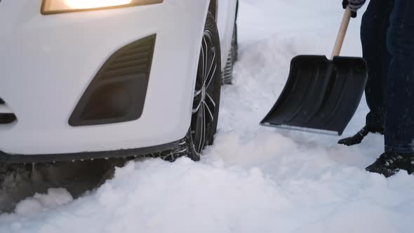 Closeup of Man Digging Snow From Wheel of Car