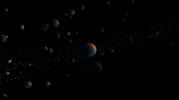 Meteorites Fly In Front Of The Camera In The Background Planet Blue Orange Color. Black Space
