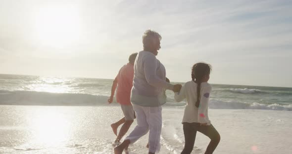 Back view of happy hispanic grandparents and grandchildren running on beach at sunset