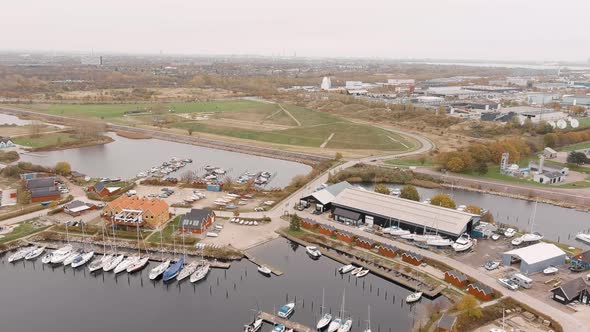 Aerial Footage Of Brondby Havn Harbour In Copenhagen On A Cloudy 