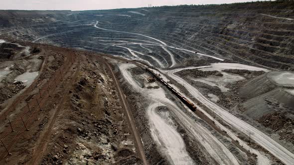 Panorama Aerial View Shot Open Pit Mine Coal Asbestos Mining Dumpers Quarrying Extractive Industry