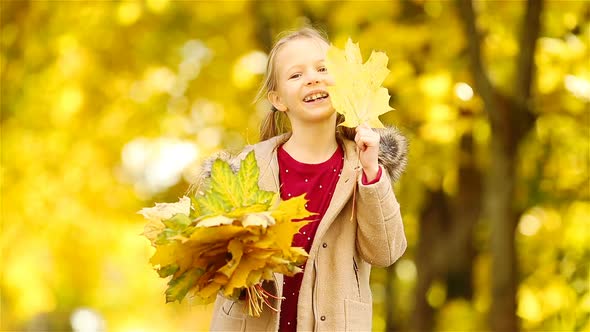 Portrait of Adorable Little Girl with Yellow and Orange Leaves Bouquet Outdoors at Beautiful Autumn