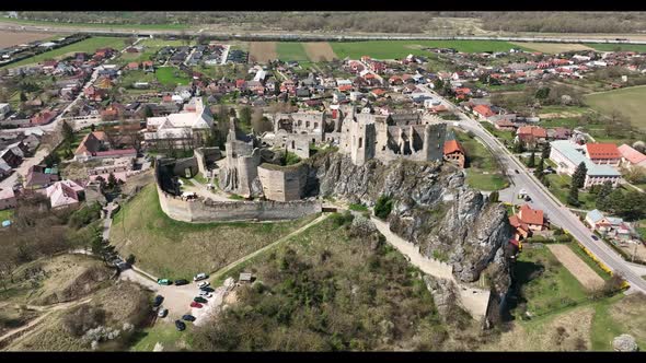 Aerial view of Beckov Castle in the village of Beckov in Slovakia