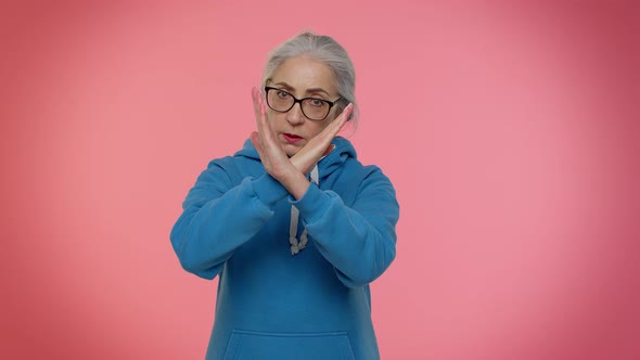 Elderly Granny Grayhaired Woman Say No Stop Gesture Warning of Finish Prohibited Access Declining