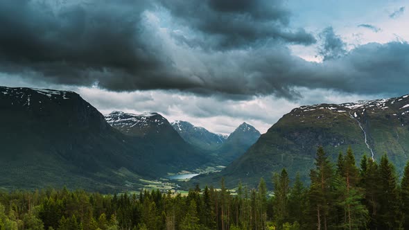 Byrkjelo Village, Sogn Og Fjordane County, Norway. Beautiful Sky Above Norwegian Rural Landscape