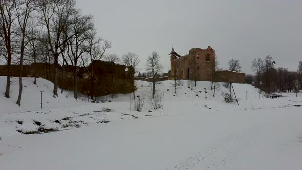 Ruins of Ancient Livonian Order's Stone Medieval Castle Latvia Aerial Drone Top Shot From Above . Fr