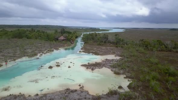 Aerial view on Los Rapidos a beutiful river near Bacalar in Yucatan in Mexico