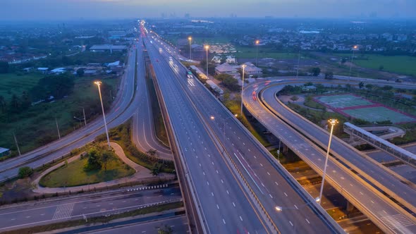 4K : Aerial hyperlapse drone shot of fast moving Highway road.