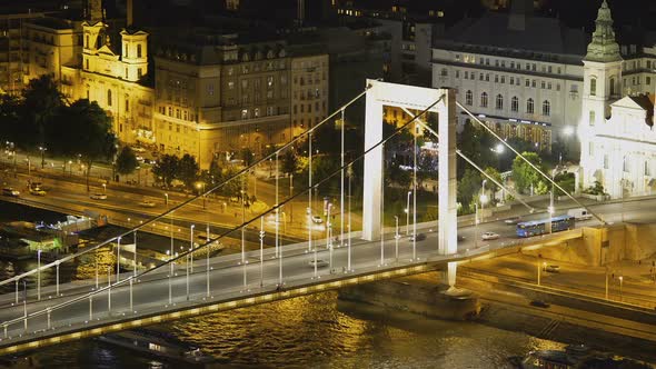 Beautiful Night View of Illuminated Chain Bridge and Road with Cars, Hungary