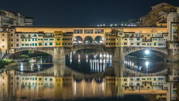 Famous Ponte Vecchio Bridge Timelapse Over the Arno River in Florence, Italy, Lit Up at Night