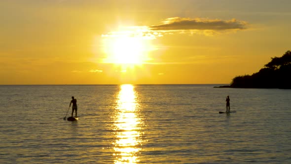 silhouette of Paddle board in the ocean at sunset, golden hour