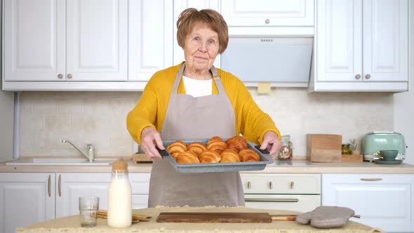 Elderly Woman Holding Baking Tray With Pastry. Granny With Baked Croissants.