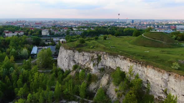 Liban quarry, Krakus Mound and aerial panorama of Cracow, Krakow, Poland, Polska