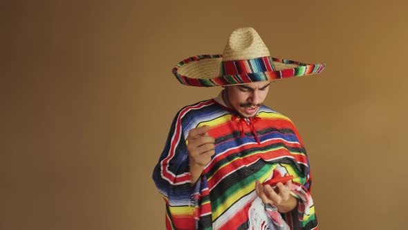 Young Mexican In Multicolored Poncho And Hat