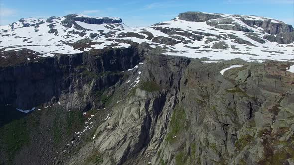 Aerial footage of cliffs around famous Trolltunga rock in Norway
