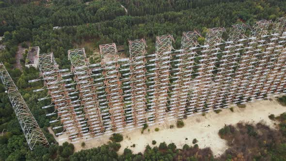 Aerial view of Former remains of Duga radar system in abandoned military base