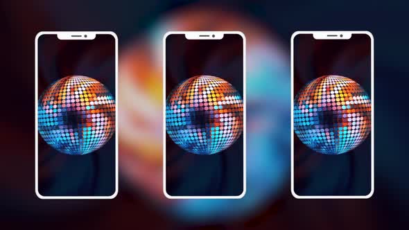 Three phones on the screensaver of which there are discos and bright