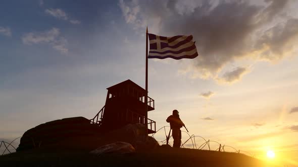 Greek Soldier Watching the Border at Sunset