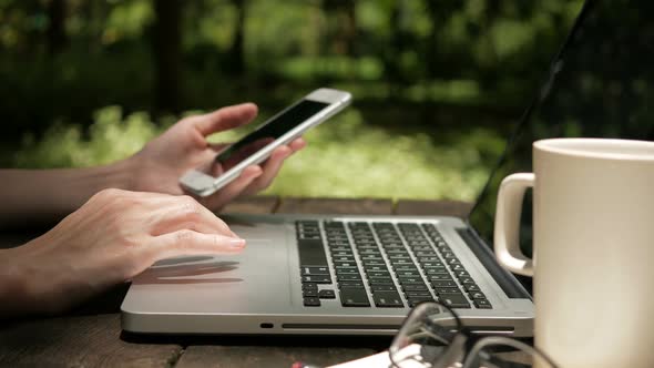 Using Computer And Smartphone At Park