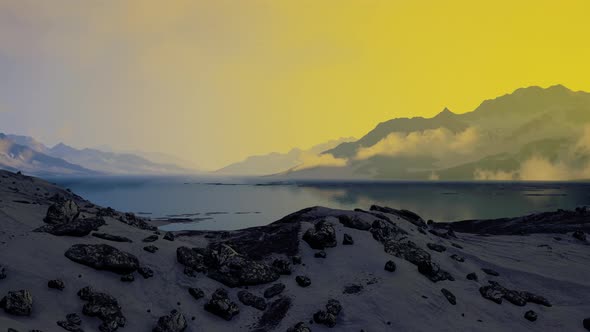 Winter Landscape with Snow Covered Rocks at Arctic Ocean