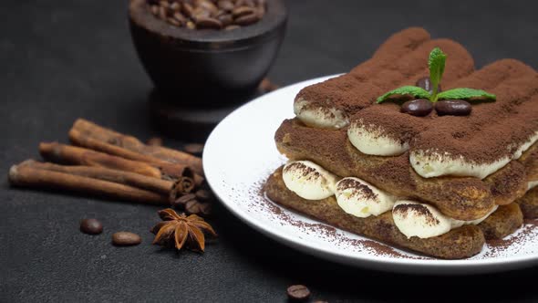 Classic Tiramisu Dessert on Ceramic Plate on Concrete Background