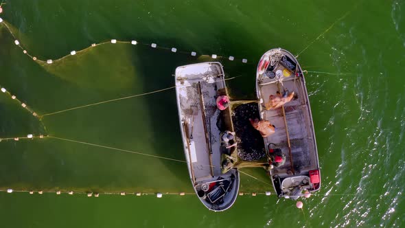 Aerial View to the Baltic Sea with the Fish Traps and Fishers