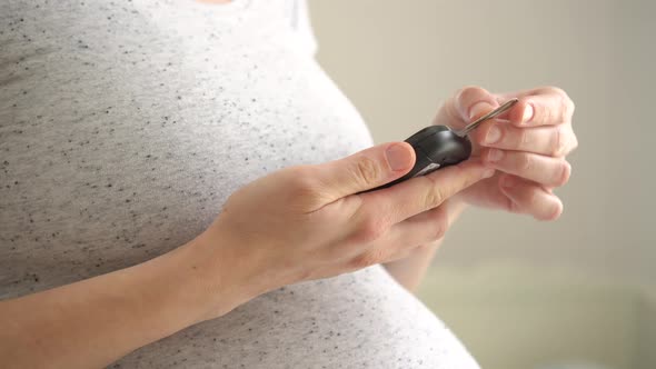 Pregnant Woman Holding Glucose Meter and Checking Sugar Level