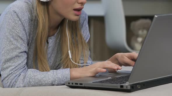 Girl in Headphones Communicating in Video Chat, Social Networks, Youth Lifestyle