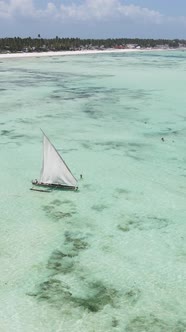 Boat Boats in the Ocean Near the Coast of Zanzibar Tanzania Slow Motion Vertical Video