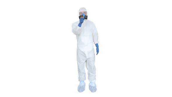 Doctor in Protective Suit Checking Your Temperature on White Background.