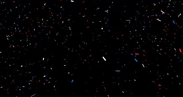 Animation of red, white and blue falling confetti on the dark background. Colors of the America flag