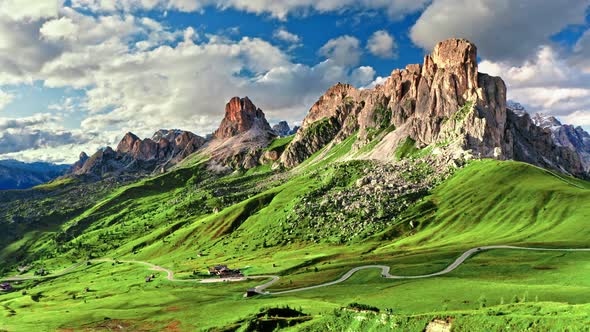 Aerial view of green Passo Giau, Dolomites