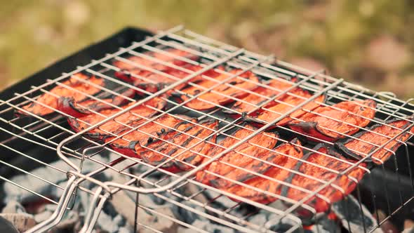 Grilling And Seasoning On Vegetables. Chef Vegetarian Cooking Pepper. Pepper BBQ. Healthy Food.