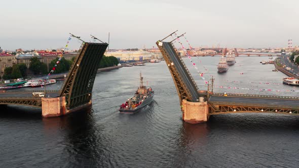 Aerial Landscape with Warships in the Neva River Before the Holiday of the Russian Navy at Early