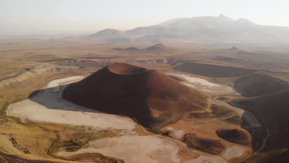 Flying Over Volcano Caldera on Red Planet Mars