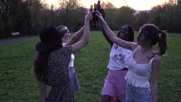 Company of multiracial female friends clinking bottles in park at sunset