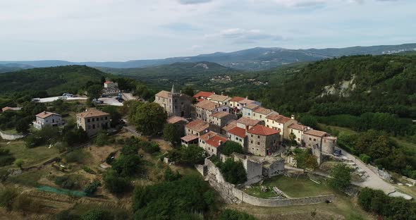 Aerial view of Hum, a small town on hilltop, Croatia.