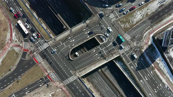 Aerial view of the road intersection on the DTŚ Highway in Katowice on a  sunny day. Silesia, Poland