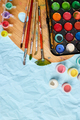 Flat lay of colorful paints, painting palette and brushes - PhotoDune Item for Sale