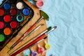 Flat lay of colorful paints, painting palette and brushes - PhotoDune Item for Sale