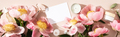 Top view of natural cosmetics and pink peonies on pastel  background  - PhotoDune Item for Sale